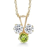 Gem Stone King 14K Yellow Gold White Topaz and Green Peridot 3-Stone Pendant Necklace For Women (0.40 Cttw, Gemstone November Birthstone, Round 3MM, 18 Inch Chain)