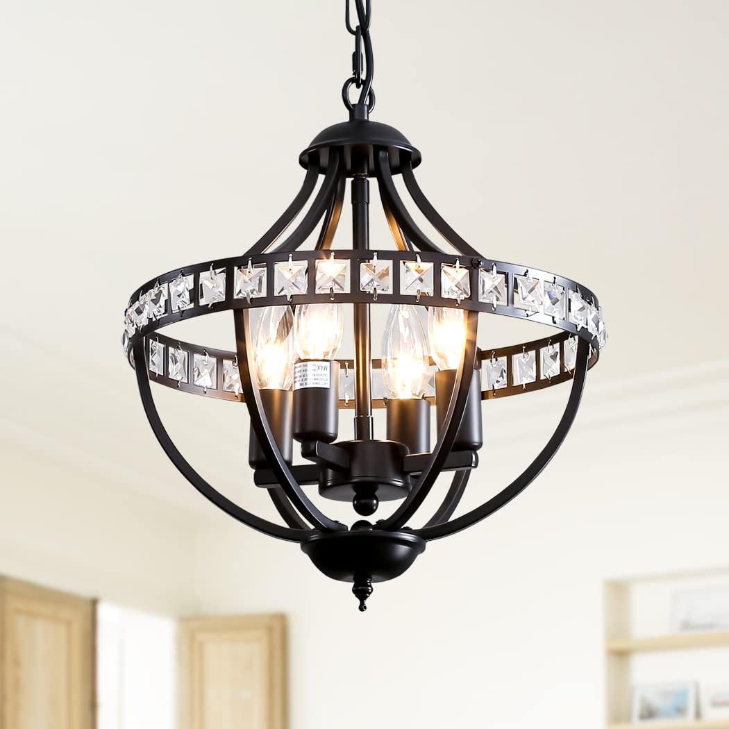 Photo 1 of Crystal Chandelier Light Fixtures, 4-Lights Farmhouse Rustic Vintage Black Pendant Hanging Lighting Ceiling Chandeliers for Kitchen Island Dining Room Living Room Bedroom Foyer Hallway