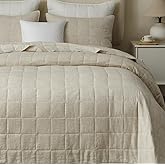 Powdion French Linen Quilt King, Pre-Washed Linen Front and Cotton Back European Comforter, Lightweight Breathable Cotton Quilt King Size for All Season, 3 Pcs Box Stitch Beige King Quilt