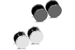 JewelrieShop Black Faux Gauges Plugs Earrings for Men Stainless Steel Dot Disc Studs Circle Flat Back Cheater Tunnel Dumbbell Earrings Women(18 Gauges,2 Pairs,3-14mm,Black and Silver)