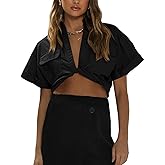 Imily Bela Womens Cropped Shirts Summer V Neck Twist Front Tops Blouses with Pockets