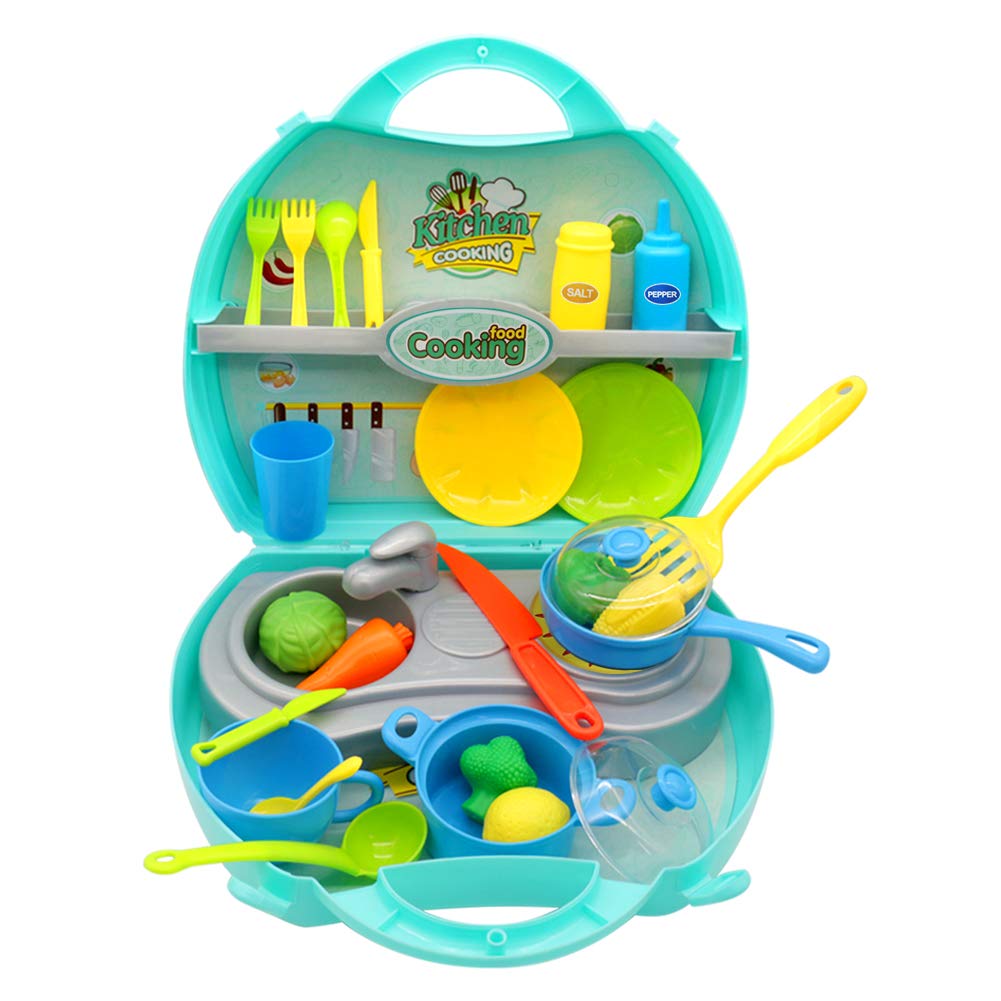 Nuheby Kids Kitchen Toys Cooking Set 34pcs Kitchen Accessories Role Play Toys Educational Toys for Boys Girls Gift Kids for 3 4 5 Year Old with Mini Carry Case 