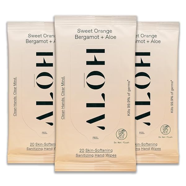 ALŌH SWEET ORANGE BERGAMOT + ALOE SANITIZING HAND WIPES – CLEAN HANDS, CLEAR MIND – ON THE GO HAND SANITIZING WIPES FOR KIDS AND ADULTS – TRAVEL SIZE 3 PACK 20CT WIPES (60 WIPES)