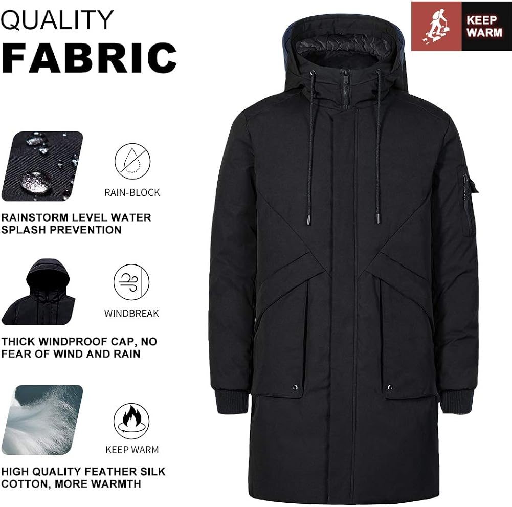 Pioneer Camp Men's Winter Coats Water-Repellent Windproof Thicken Parkas Long Hooded Padded Puffer Jacket: Clothing
