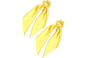 LFOUVRE Pack of 2 Knotted Bow Hair Scrunchies Elastic Hair Scarf Black Hair Ties Bands Satin Hair Ribbon Scrunchy Red Ponytail Holder for Women and Girls (Yellow)
