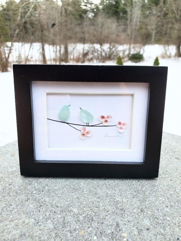 Mixed Media - Mini Seaglass Birds on a branch with tiny pink shell flowers. Seaglass art, Made in Maine, Perfect gift. Small frame with glass.3 1/2 by 4 inch framed art Sea Glass and shells