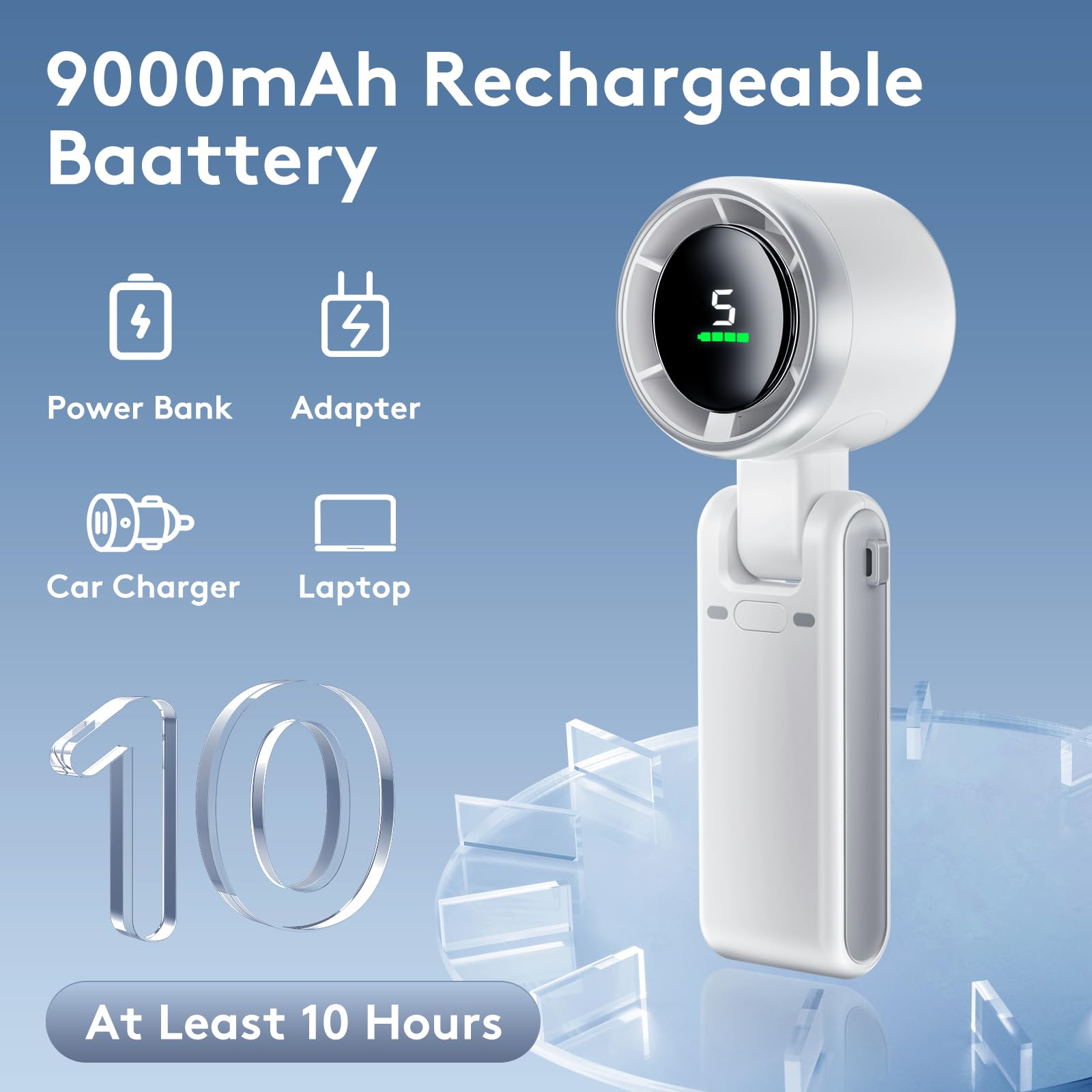 Portable Handheld Mini Fan, Foldable Powerful Winds Turbo Fan, 10000mAh Battery & 50000RPM Speed, USB Rechargeable Personal Fans with 5 Speed, Digital Display For Women Men Travel Camping Outdoor