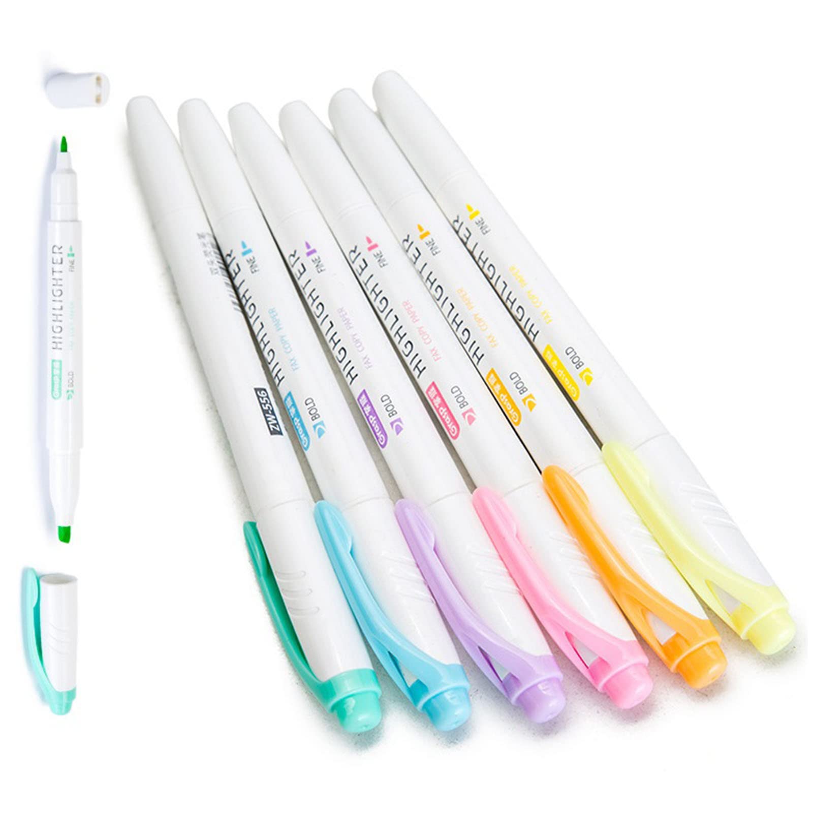 Highlighters, Dual Tip Assorted Colours Highlighter Pens with Chisel Tip, Long-lasting, Ideal for School and Office, No Bleed Dry Fast Easy to Hold, for Bullet Journal, Bible, Notes, 6 Pack