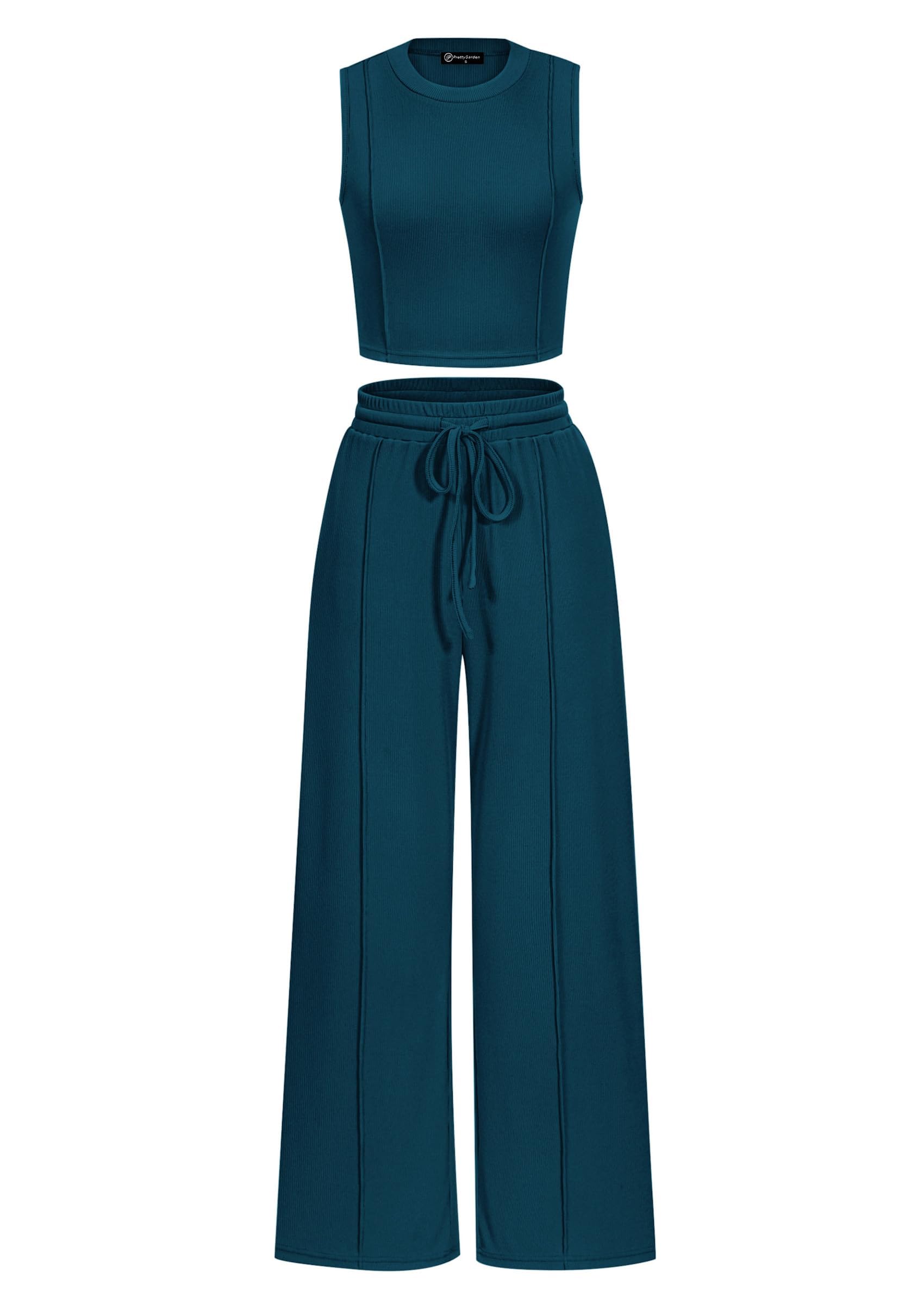 Photo 1 of PRETTYGARDEN Women's Summer 2 Piece Loungewear Set Cropped Tank Top Wide Leg Sweatpants Tracksuit Casual Outfits (Lake Blue,XX-Large)