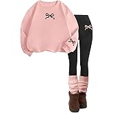OYOANGLE Girl's 2 Piece Outfits Long Sleeve Bow Sweatshirt and Leggings Pants Fall Clothing Set