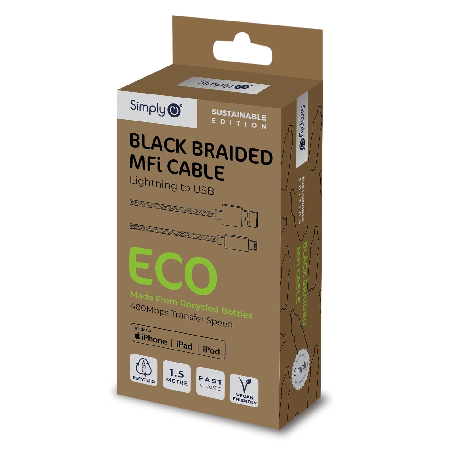 Simply ECO001 Apple Approved Type-C to iPhone Braided Black Eco-Friendly 1.5m Charging Cable for iPhones