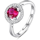 INFUSEU July Birthstone Rings Ruby Red Birth Stone for Women Thin Sterling Silver 925 Hot Pink Zircon Jewelry Small Gift Adjustable Size 7 6 8 Birthday Valentines Mothers Day