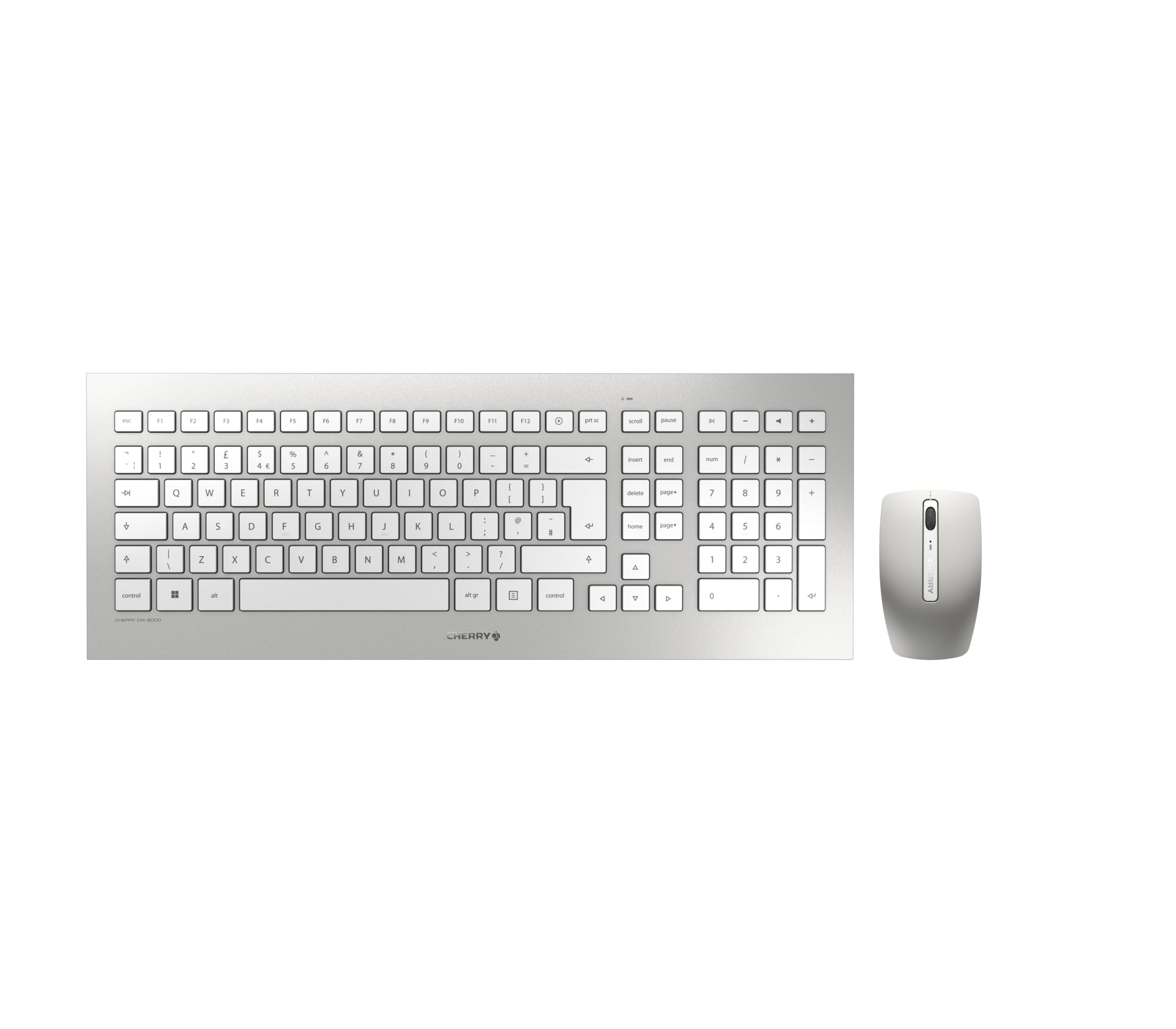 CHERRY DW 8000, Wireless Desktop Set, Spanish Layout (QWERTY), Battery-Operated, Ultra-Flat Keyboard, 3 Key Mouse with Infra-Red Sensor, Silver/White