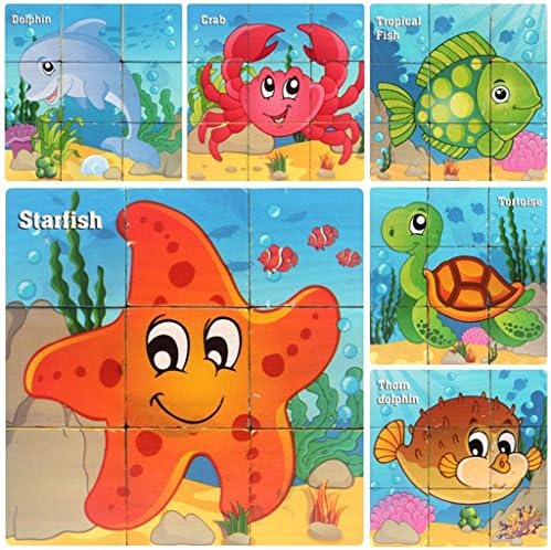 HLJgift Wooden Sea Animals Cube Block Puzzle for Kids, Toddlers, Preschool Age | 6 Barnyard Puzzles in One | Educational Toy 3 Year Olds & Up