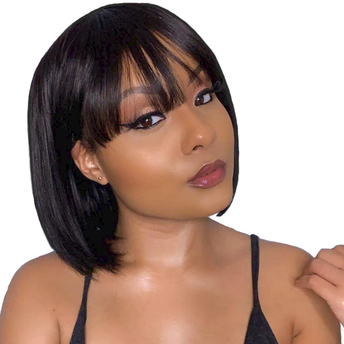 SQPLXK Short Bob Human Hair Wigs with Bangs None Lace Front Wigs