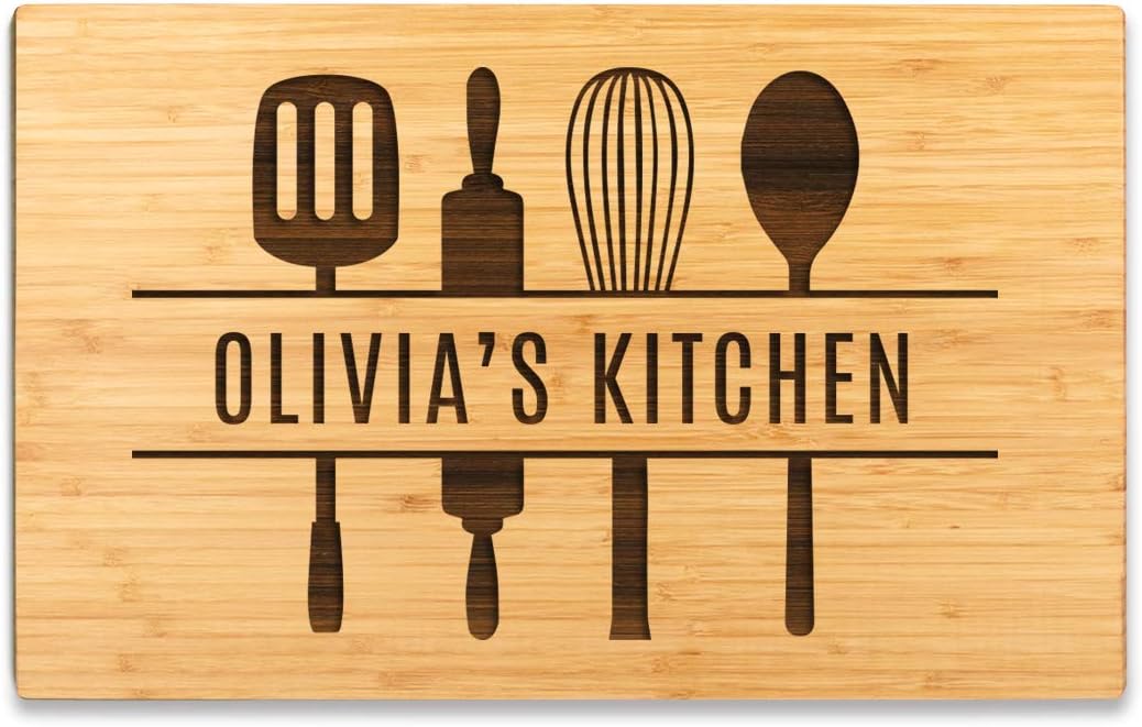 Andaz Press Personalized Large Bamboo Wood Cutting Board Gift, 17.75 x 11-inch, Olivia's Kitchen, Utensils Graphic, 1-Pack, Custom Laser Engraved Serving Chopping Board