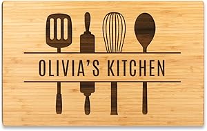 Andaz Press Personalized Large Bamboo Wood Cutting Board Gift, 17.75 x 11-inch, Olivia's Kitchen, Utensils Graphic, 1-Pack, Custom Laser Engraved Serving Chopping Board