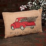Red Truck Tree Holiday Decor Vintage Burlap Accent Throw Pillow  Cover 8 x 12 Inches