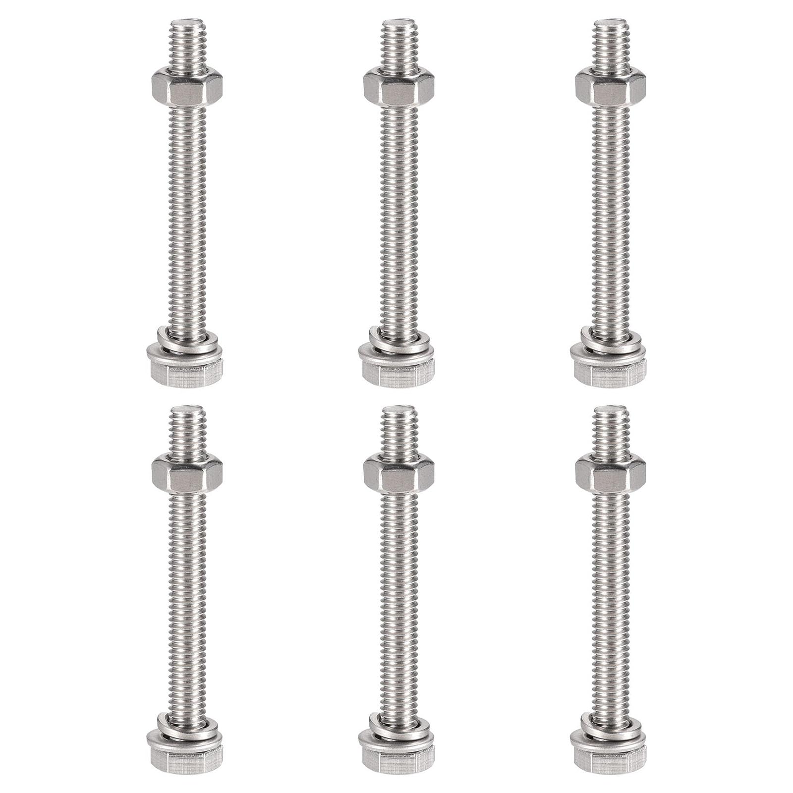 TOP-VIGOR 6Pcs M6 x 55mm Hex Head Screws Bolts, Nuts, Flat & Lock Washers Kits, 304 Stainless Steel Fully Thread Hexagon Bolts for DIY Bike Motorcycles Repair