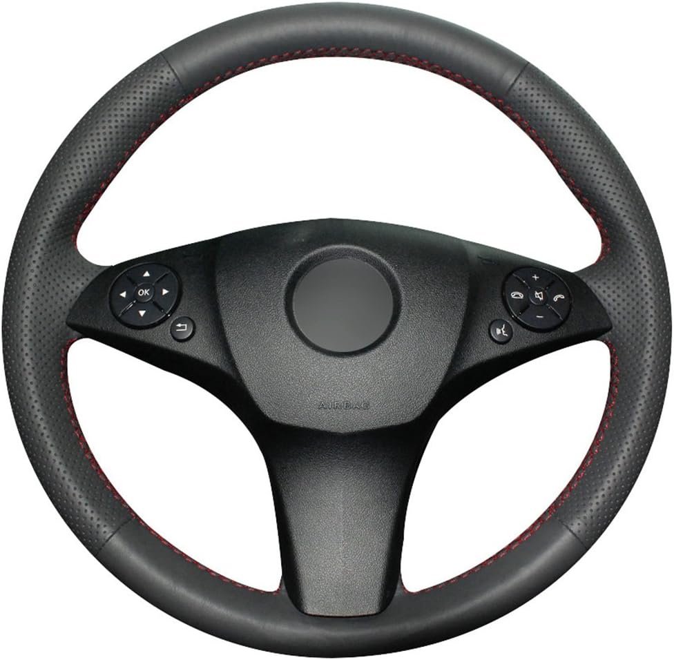 Loncky Black Genuine Leather Auto Custom steering wheel covers for