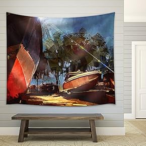Painting of Boat at The Dock for Repairs at Seaside - Fabric Wall Tapestry Home Decor - 51x60 inches