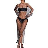 PartyArt Women Rhinestone Mesh Dress Slit Long Skirts See Through Fishnet Cover up Dress Beach Swimwear Bikini