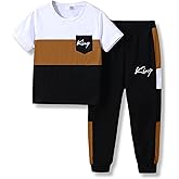 Klyatpxoen Size 6-12 Years Boys Fashion Clothes Spring Summer Short Sleeve Top & Pants Color Block Clothing Sets