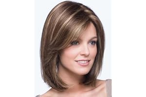 SEVENCOLORS Short Brown Mixed Blonde Bob Wigs for White Women Shoulder Length Synthetic Hair Wigs with Side Bangs Straight Blonde Highlights Women’s Wig