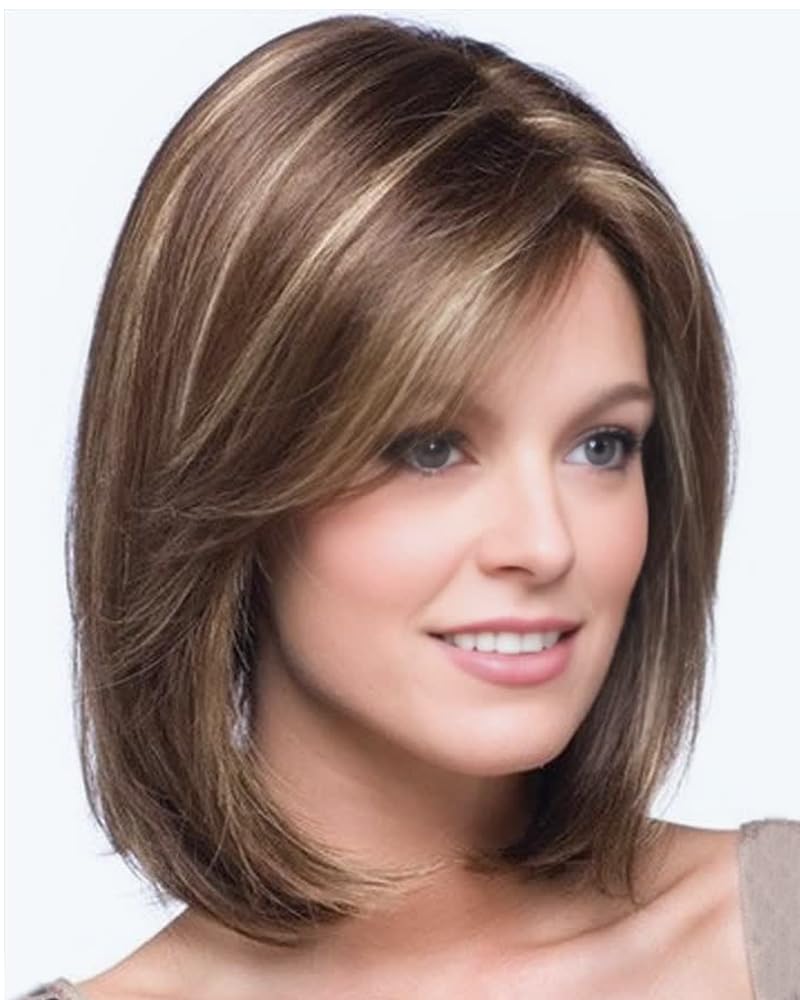 Photo 1 of SEVENCOLORS Short Brown Mixed Blonde Bob Wigs for White Women Shoulder Length Synthetic Hair Wigs with Side Bangs Straight Blonde Highlights Women’s Wig