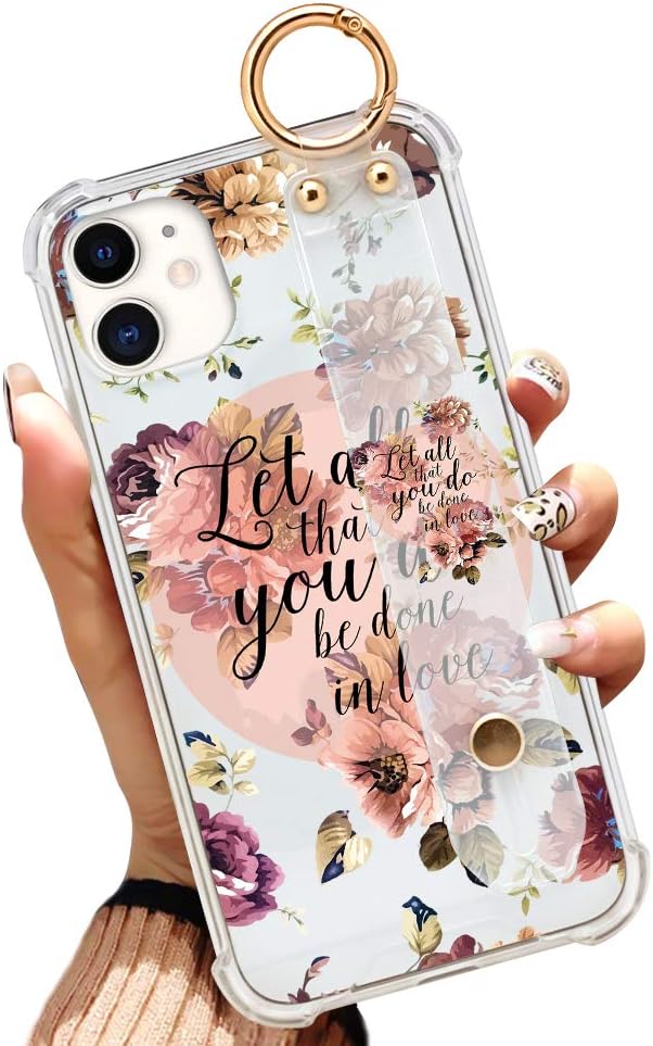 iPhone 11 6.1 Inch 2019 Clear Anti-Yellow Slim Phone Case Full Protective Cover Christian Quotes Bible Verse Flower Floral Shell with Wrist Strap for iPhone 11