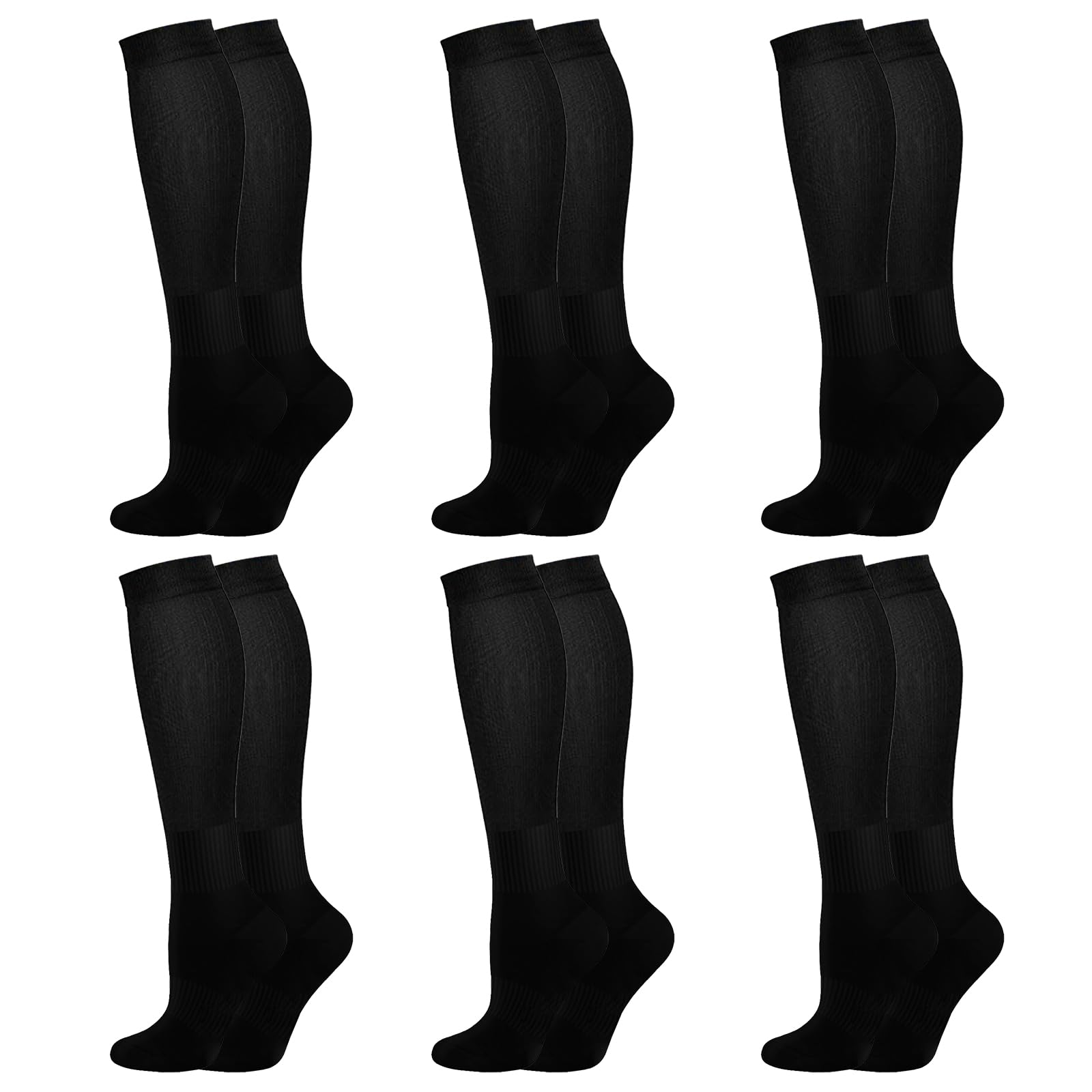 Colexy 6-Pack Compression Socks for Women & Men, Elastic Support Stockings, Graduated Support, Non-Slip, Breathable, Ideal for Running, Sports, Travel (Black, S/M, L/XL)