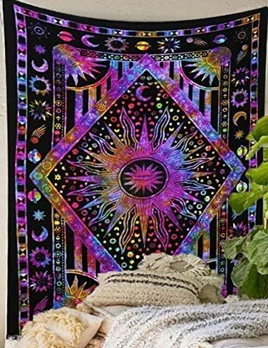 THE ART BOX Purple Hippie Mandala Sun Moon Burning Sun Psychedelic Trippy Tapestry for Bedroom Celestial Busning Sun Tapestry Bohemian Wall Hanging Planet Tapestry - Image 5