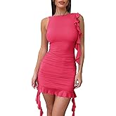 Zwurew Women's Bodycon Mini Dress Summer Sleeveless Ruched Mesh Ruffled Hem Club Party Dresses