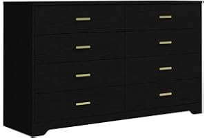 PANANA 8 Drawer Wood Lateral Dresser, Big Wide Chest of Drawers Storage Organizer with Metal Gold Handles Home Bedroom (Black)