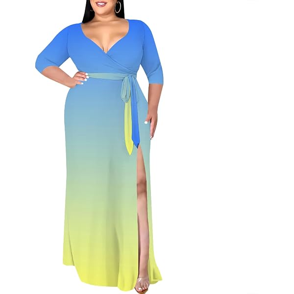 Plus Size Maxi Baby Blue Dress for Curvy Women Sexy High Split Deep V Neck  Long Sleeve Wrap Dress with Belt XL-6XL at Amazon Women's Clothing store