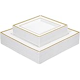 Brolifon 80pcs White Plastic Plates With Gold Rim, Square Disposable 9.5 inch Dinner Plate and 6.5 inch Dessert Plates for Party, Wedding and Birthday