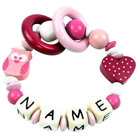 Elefantasie Premium Greifling mit Namen HOLZ Rassel Modell Eule Herz pink