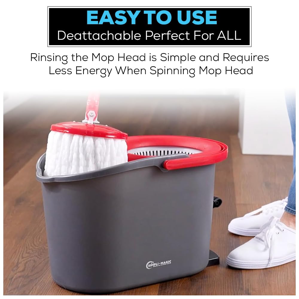 SIMPLI-MAGIC 79349 Spin Mop Cleaning System with 3 Microfiber Mop Heads, Red/GRAY,Red/Black