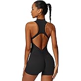 Running sanzi Sleeveless Workout Jumpsuit for Women Zip Up Romper Shorts V Back Scrunch Sexy One Piece