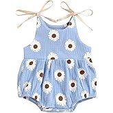 JLKGICF Baby Girl Bubble Romper Summer Clothes Sleeveless Daisy Bodysuit Tops Cotton Linen One Piece Cute Infant Outfits(Daisy Linen Blue, 3-6 Months)