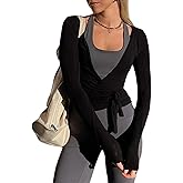 Women Wrap Top Long Sleeve Deep V Neck Cross Tie Workout Ballet Pilates Yoga Shirt