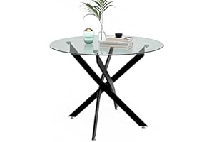 NIERN Round Dining Table for 2-4, 31.5 Inch Tempered Glass Small Circle Kitchen Table with Metal Black Legs, Modern Dining Room Table for Kitchen Dining Room (Black)