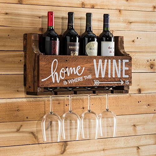 The Little Elm Wine Rack w/Quote 'Home is Where the Wine is', del Hutson Designs - USA Handmade Reclaimed Wood, Wall Mounted, 4 Bottle 4 Long Stem Glass Holder (Walnut) - Thumbnail 2