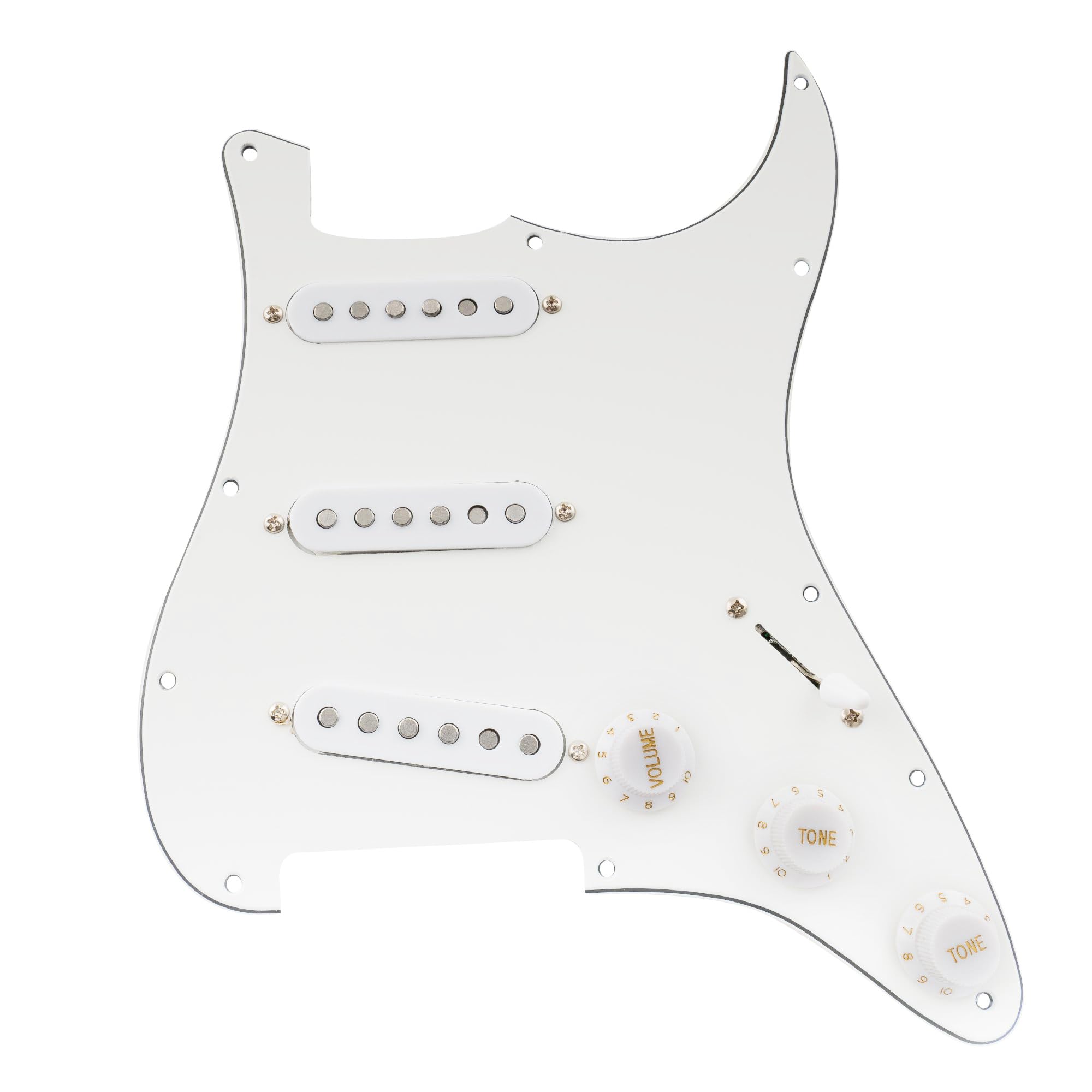 Musiclily Pro SE Pre-wired Standard SSS Pickguard with Staggered Alnico 5 Magnet Single Coil Pickups for ST Style Electric Guitar, 3ply White