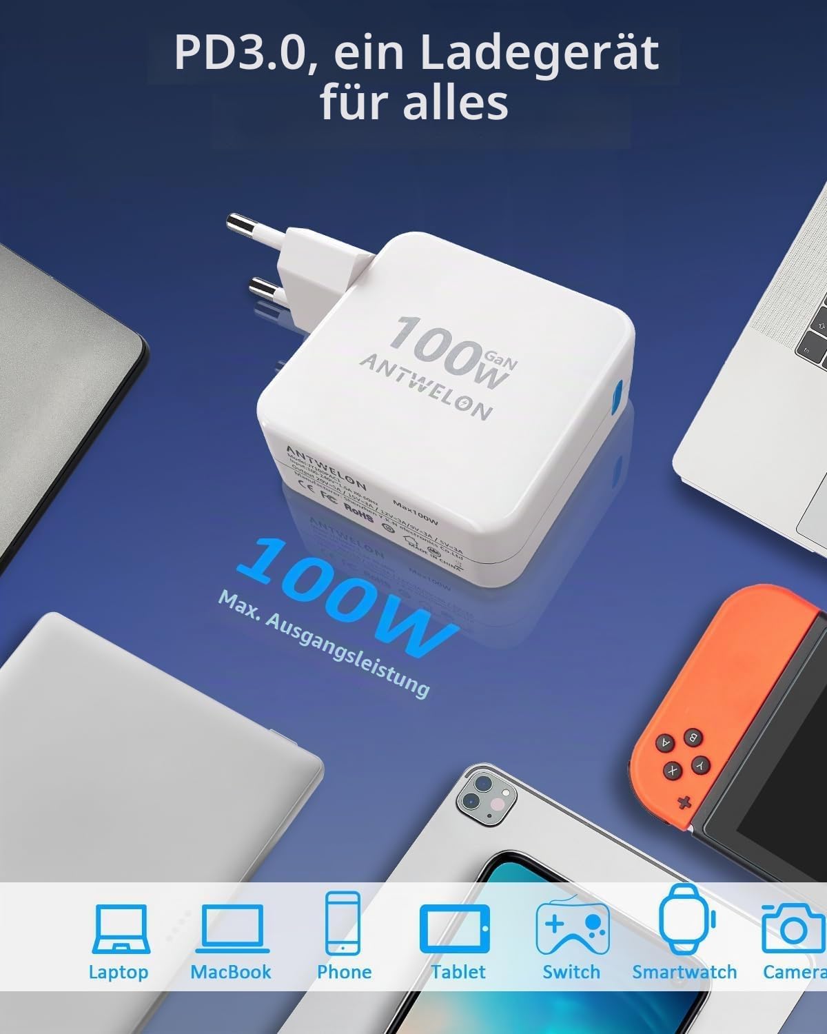 ANTWELON 100W USB C Ladegerät GAN Netzteil Typ C für MacBook Pro 16 15 14 Zoll, MacBook Air, iPad Pro, Galaxy S24 S23, Dell XPS, HP, Lenovo Thinkpad Yoga, Laptop, Tablet (weiß) 8