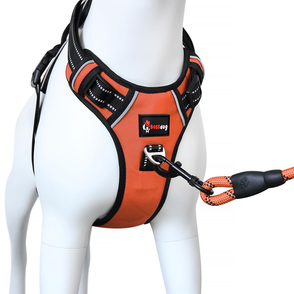 Bossdog No Pull Dog Harness and Lead Set | Anti Pull Dog Harness for Small, Medium, Large and Puppy Dogs | Features Sturdy Top Handle and Reflective Strips (Extra Large, Orange)