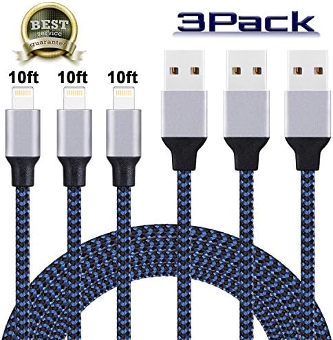 iPhone Charger, Atill Lightning Cable 3Pack 10FT Ultra Long Nylon Braided Cable Cord for iPhone X 8 8Plus 7 7Plus 6s 6sPlus 6 6Plus SE 5 5s 5c iPad iPod &amp; More (Blackblue)