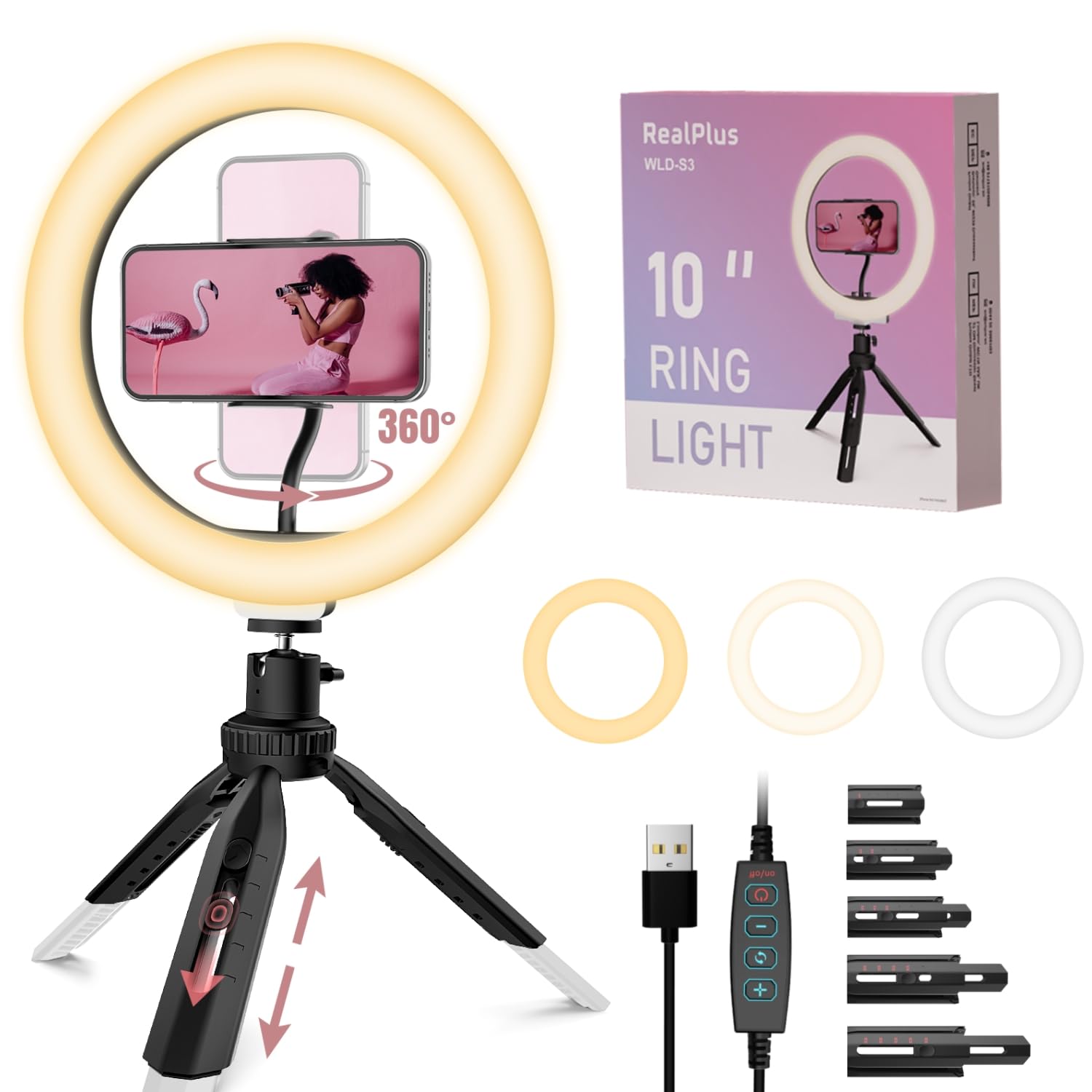 RealPlus LED Ring Light, 10" Ring Light with Tripod Stand & Phone Holder with 3 Light Modes & 10 Brightness for YouTube Video Tiktok-Gifts for Women