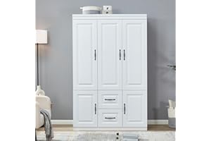 ClassyCabin White Armoire Wardrobe Closet, 3 Door 2 Drawers Armoire Storage Cabinet for High Storage Capacity, Wooden Wardrobe Bedroom Armoires with Hanging Rod 47.3" L x 20.3" W x 72" H