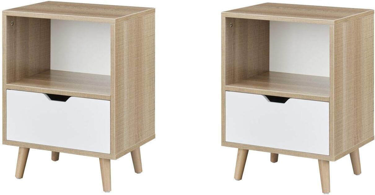 Nightstand- 2-Tier Side Table-Drawer and Shelf Storage Table for Living Room-Sofa Table and end Table-Set of 2: Kitchen & Dining